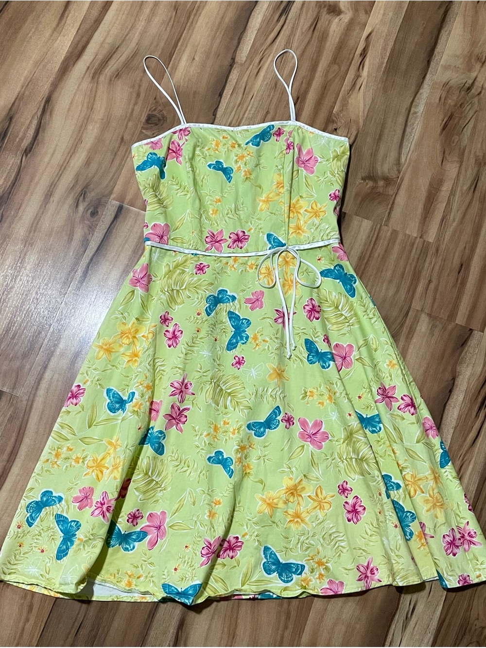 Y2K Vintage B. Smart Lime Green Butterfly Floral Sundress Spaghetti Strap 11/12